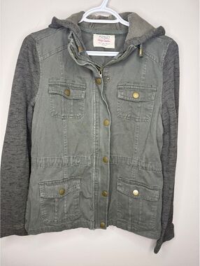 Ashley by 26 International Mixed Media Utility Jacket Olive Gray Knit Sleeves S